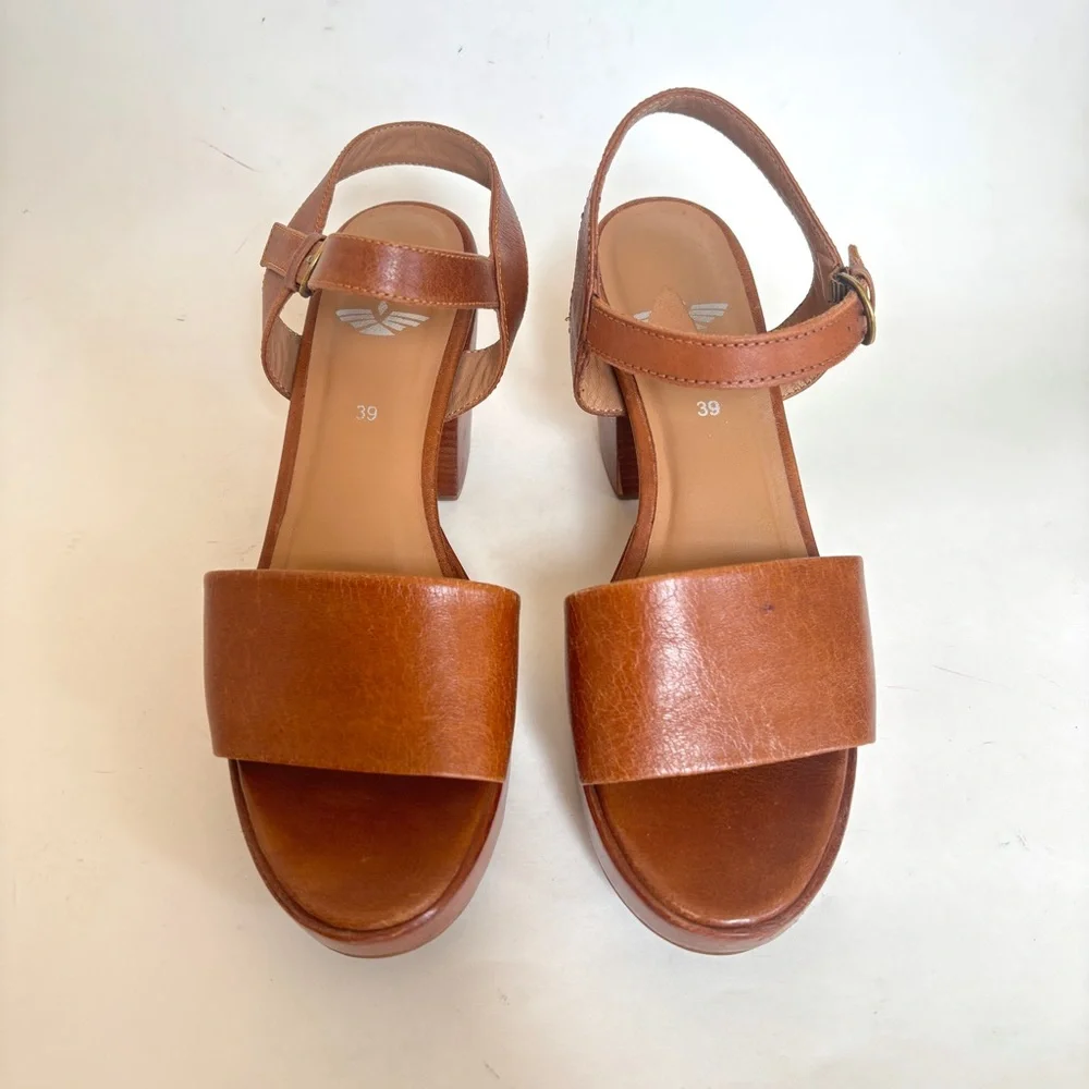 Fortress of Inca Hannah Sandals Tan Brown Block Heels Ankle Strap Leather 39 8.5
